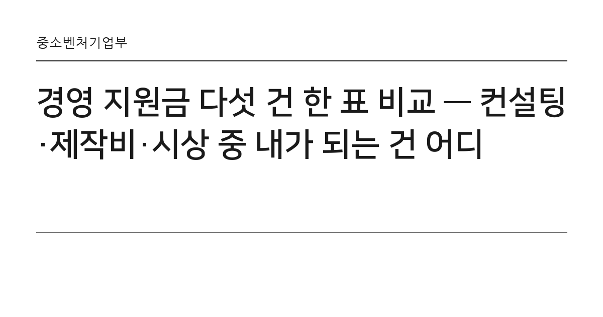 경영 지원금 다섯 건 한 표 비교 — 컨설팅·제작비·시상 중 내가 되는 건 어디 요약 카드 — 중소벤처기업부