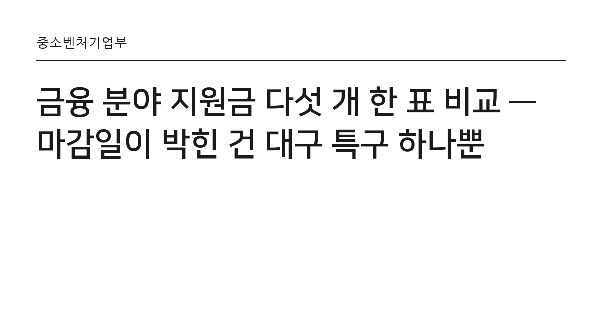 금융 분야 지원금 다섯 개 한 표 비교 — 마감일이 박힌 건 대구 특구 하나뿐 요약 카드 — 중소벤처기업부