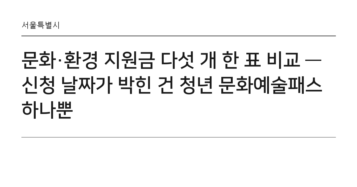 문화·환경 지원금 다섯 개 한 표 비교 — 신청 날짜가 박힌 건 청년 문화예술패스 하나뿐 요약 카드 — 서울특별시
