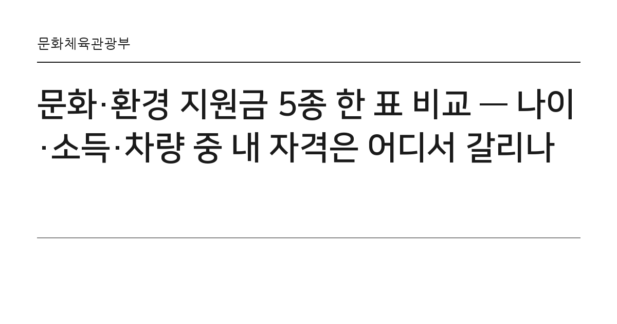 문화·환경 지원금 5종 한 표 비교 — 나이·소득·차량 중 내 자격은 어디서 갈리나 요약 카드 — 문화체육관광부