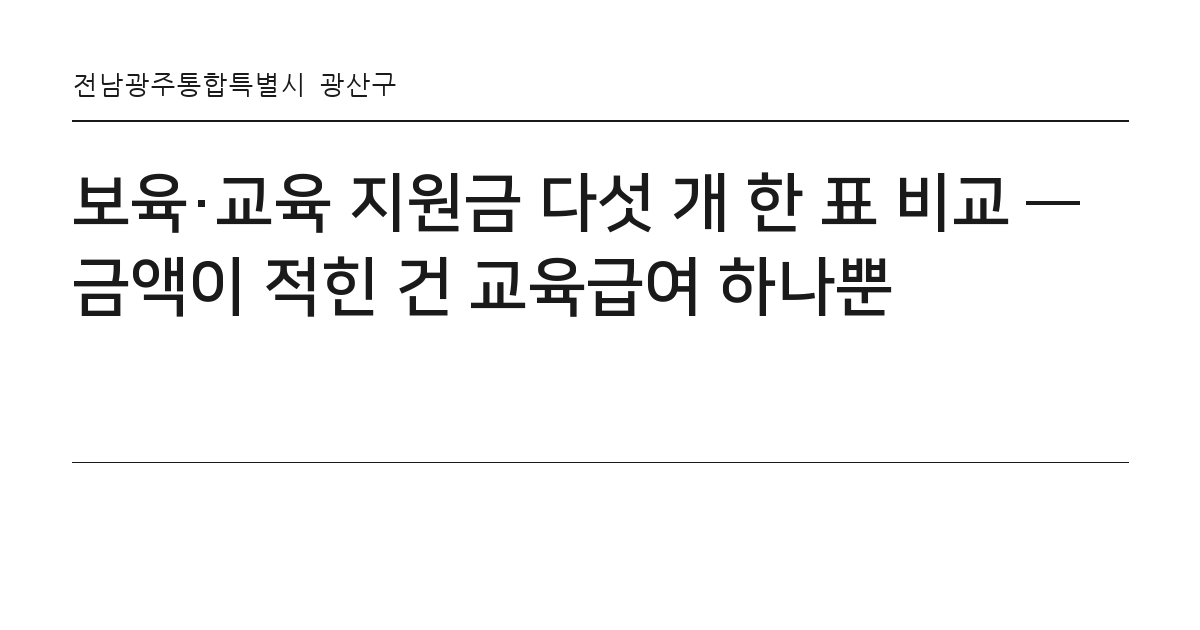 보육·교육 지원금 다섯 개 한 표 비교 — 금액이 적힌 건 교육급여 하나뿐 요약 카드 — 전남광주통합특별시 광산구