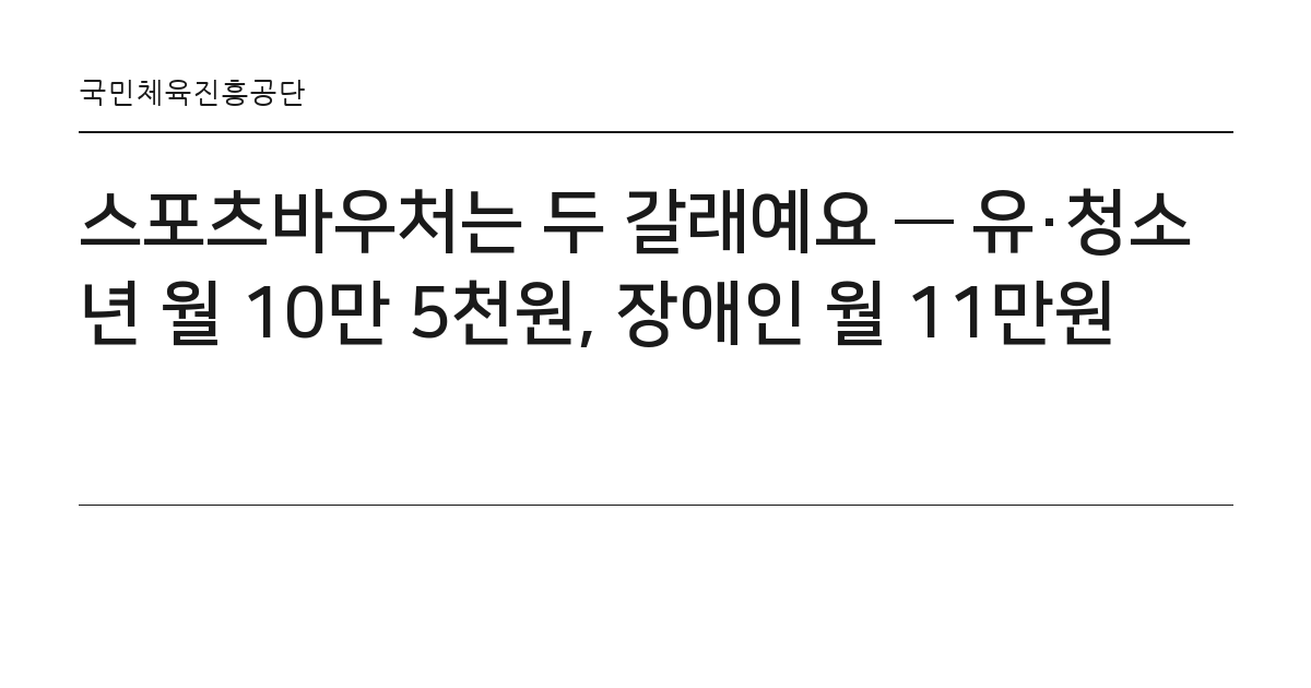 스포츠바우처는 두 갈래예요 — 유·청소년 월 10만 5천원, 장애인 월 11만원 요약 카드 — 국민체육진흥공단