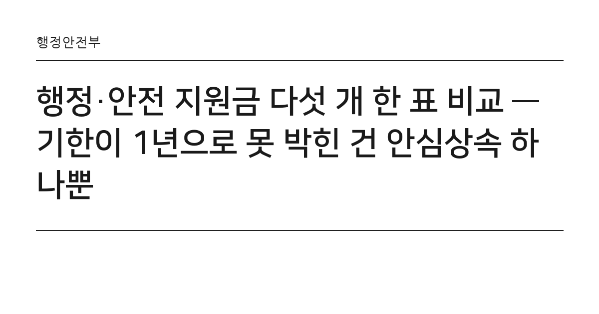 행정·안전 지원금 다섯 개 한 표 비교 — 기한이 1년으로 못 박힌 건 안심상속 하나뿐 요약 카드 — 행정안전부